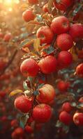 ai gegenereerd biologisch appels Aan boom Afdeling in appel boomgaard. appel boom is vol van rijp appels foto