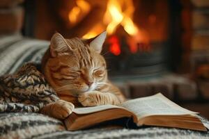 ai gegenereerd kat lezing door de haard afbeelding een geavanceerde kat gekruld omhoog door de haard, verdiept in een klein boek, weergeven een verfijnd smaak voor literatuur in een knus huis instelling foto