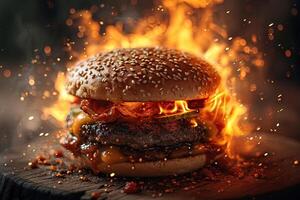 ai gegenereerd demonische kaasburger hel in vlam achtergrond foto