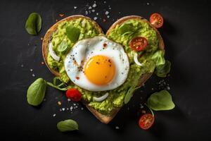 ai gegenereerd romantisch ontbijt Aan Valentijnsdag dag, geroosterd brood of belegd broodje met hart vorm geven aan. generatief ai foto