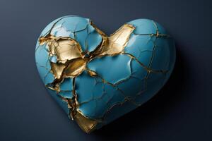 ai gegenereerd blauw gebarsten hart met gouden scheuren, symbool van liefde en romance Aan Valentijnsdag dag. generatief ai foto