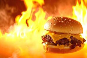 ai gegenereerd demonische kaasburger hel in vlam achtergrond foto