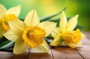 ai gegenereerd moeders dag, st. davids dag, Internationale vrouwen dag, voorjaar bloemen, boeket van geel narcissen, groen achtergrond, houten tafel foto