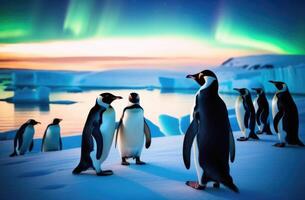 ai gegenereerd wereld pinguïn dag, ijsberg in de oceaan, de koninkrijk van ijs en sneeuw, een kudde van pinguïns Aan een ijs ijsschots, de noordelijk lichten, de ver noorden foto