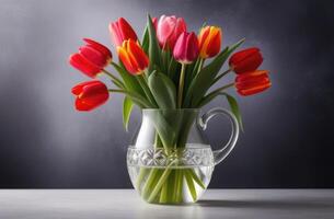 ai gegenereerd Valentijnsdag dag, moeder dag, nationaal grootmoeders dag, Internationale vrouwen dag, boeket van rood tulpen in een glas vaas, donker grijs achtergrond foto