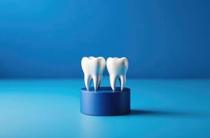 ai gegenereerd Internationale tandarts dag, blauw achtergrond, tandheelkundig kantoor, wit tand beeldje, professioneel tanden schoonmaak foto