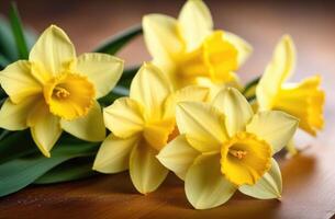 ai gegenereerd st. davids dag, Internationale vrouwen dag, moeders dag, boeket van geel narcissen, voorjaar bloemen, houten tafel foto