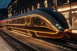 ai gegenereerd futuristische oriënteren uitdrukken trein aankomen in Europese hoofdstad stad foto
