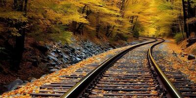 ai gegenereerd trein spoorweg pad manier vervoer buiten natuur landschap visie. avontuur vallen seizoen foto