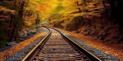 ai gegenereerd trein spoorweg pad manier vervoer buiten natuur landschap visie. avontuur vallen seizoen foto