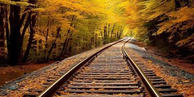 ai gegenereerd trein spoorweg pad manier vervoer buiten natuur landschap visie. avontuur vallen seizoen foto