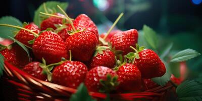 ai gegenereerd vers rauw vegetarisch rood groen BES aardbei in mand. markt fabriek boer oogst foto