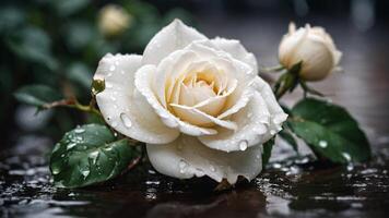 ai gegenereerd wit roos in regenachtig seizoen foto