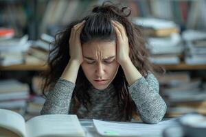 ai gegenereerd een jong vrouw verschijnt benadrukt en vermoeid, Holding haar hoofd in haar handen terwijl werken Aan een project met een dreigend deadline. foto