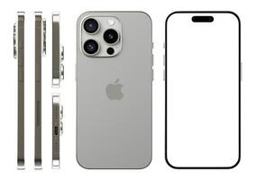 jepara, Indonesië, 2024 - natuurlijk titanium iphone 15 pro mockup in allemaal hoek geïsoleerd foto