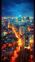 ai gegenereerd regendruppels Aan glas met levendig stad lichten bokeh achtergrond Bij nacht foto