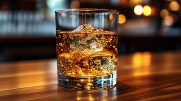 ai gegenereerd elegant glas van whisky Aan rotsen Bij een bar met warm sfeer foto