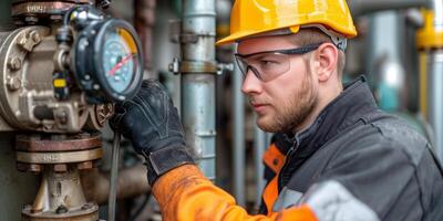 ai gegenereerd gefocust industrieel arbeider inspecteren machinerie met peilen in fabriek foto