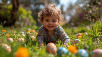 ai gegenereerd weinig baby kruipen naar kleurrijk geschilderd eieren in de platteland foto