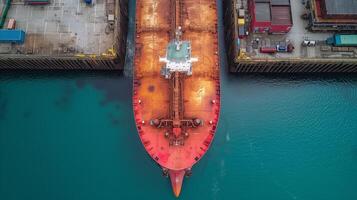 ai gegenereerd antenne visie van een groot rood lading schip aangemeerd Bij industrieel haven foto