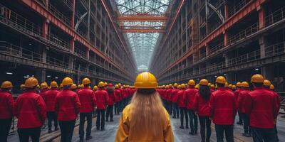 ai gegenereerd vrouw ingenieur leidend een team van arbeiders in industrieel milieu foto