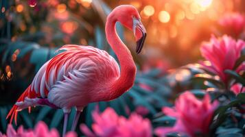 ai gegenereerd elegant roze flamingo te midden van levendig tropisch bloemen Bij zonsondergang foto
