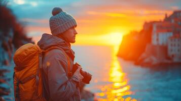 ai gegenereerd persoon observeren zonsondergang met rugzak foto