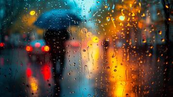 ai gegenereerd regenachtig stad avond met abstract licht vervaagt en voetganger silhouet foto