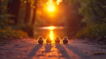 ai gegenereerd gouden zonsondergang Aan een pad met vier vogelstand bekleed omhoog in harmonie foto