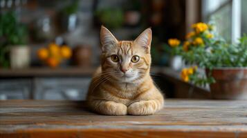 ai gegenereerd sereen gember kat zittend Aan houten tafel met binnen- planten foto