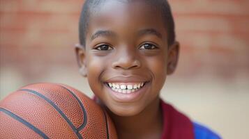 ai gegenereerd jong jongen glimlachen en Holding basketbal foto