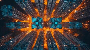 ai gegenereerd futuristische stadsgezicht Bij nacht met symmetrisch gebouw reflectie foto