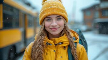 ai gegenereerd jong vrouw glimlachen in sneeuw met geel jasje en muts in de buurt school- bus foto