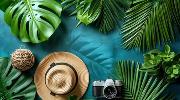 ai gegenereerd hoed, camera, en palm bladeren Aan blauw achtergrond foto