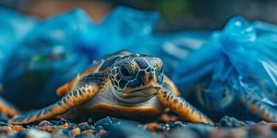 ai gegenereerd schildpad houdende Aan grond met plastic Tassen foto