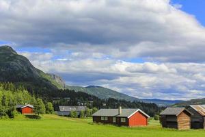 panorama noorwegen, hemsedalgebergte, rode boerderijen, groene weiden, viken, buskerud.