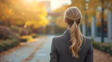 ai gegenereerd professioneel vrouw genieten van vredig herfst avond in de stad foto