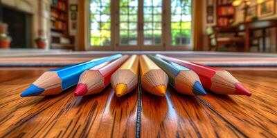 ai gegenereerd kleurrijk kunst potloden bekleed omhoog Aan een houten tafel met kamer achtergrond foto