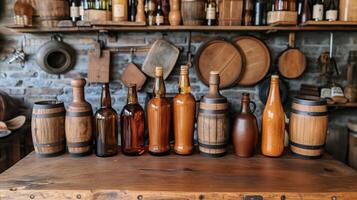 ai gegenereerd assortiment van rustiek houten vaten en flessen Aan een plank in een wijnoogst instelling foto
