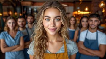 ai gegenereerd vrouw staand in voorkant van groep van mensen foto