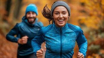 ai gegenereerd Mens en vrouw rennen in bossen foto