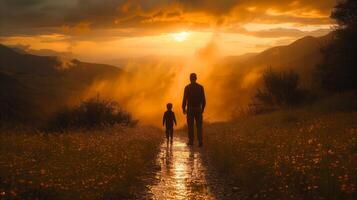 ai gegenereerd vader en zoon wandelen Aan pad in gouden zonsondergang landschap foto