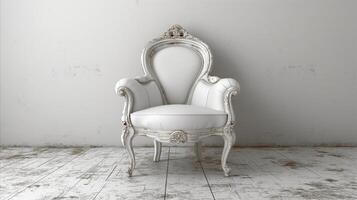 ai gegenereerd elegant wijnoogst wit stoel in een minimalistisch kamer instelling foto