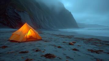 ai gegenereerd geel tent Aan zanderig strand foto