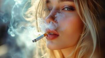 ai gegenereerd vrouw roken sigaret met uitgeademd rook foto