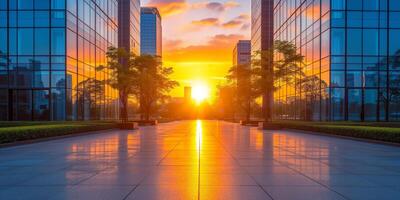 ai gegenereerd zonsondergang in modern stad met reflecterende glas gebouwen en leeg plein foto