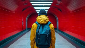 ai gegenereerd persoon in geel jasje verkennen levendig rood metro station tunnel foto