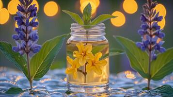 ai gegenereerd glas pot gevulde met water en geel bloemen foto