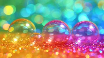 ai gegenereerd kleurrijk kristal ballen met sprankelend bokeh lichten achtergrond foto