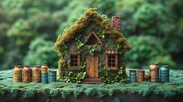 ai gegenereerd miniatuur huis gemaakt van vaten en mos foto